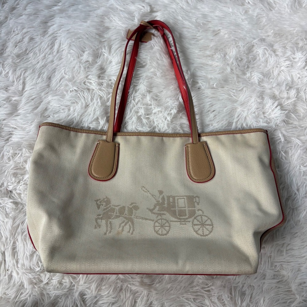 Coach Horse and Carriage Canvas Tote Bag Beige Red & Tan Leather Trim